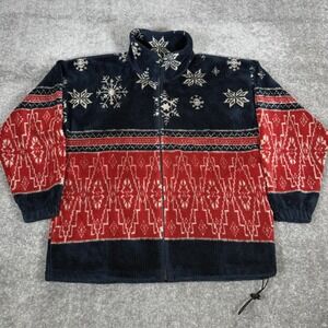 Vintage Obvious Jacket Women's‎ L/XL Blue Red Fleece Snowflake Full Zip USA Made